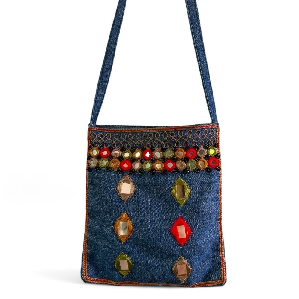 Bohemian Denim Blue Olive Green Beaded Mirrored Shoulder Bag Purse